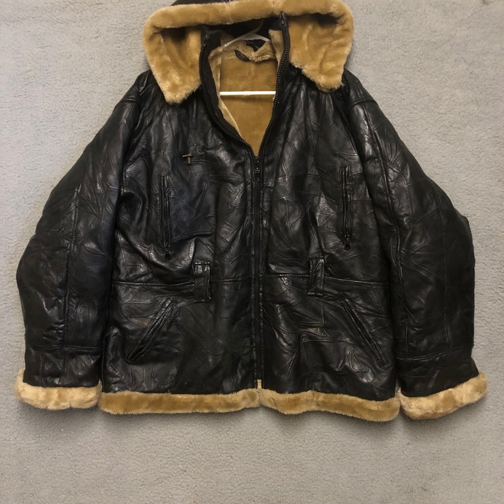 Vintage Wilda Patchwork Leather Faux Fur Lined Hooded Bomber Jacket 4XL